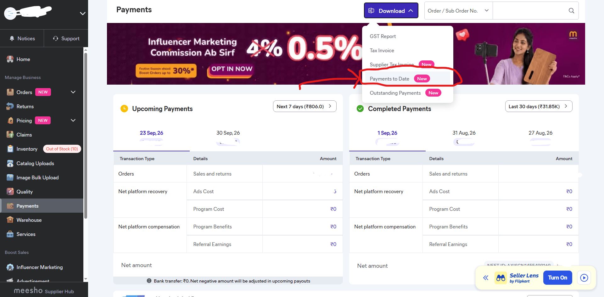 Meesho payment report download screen